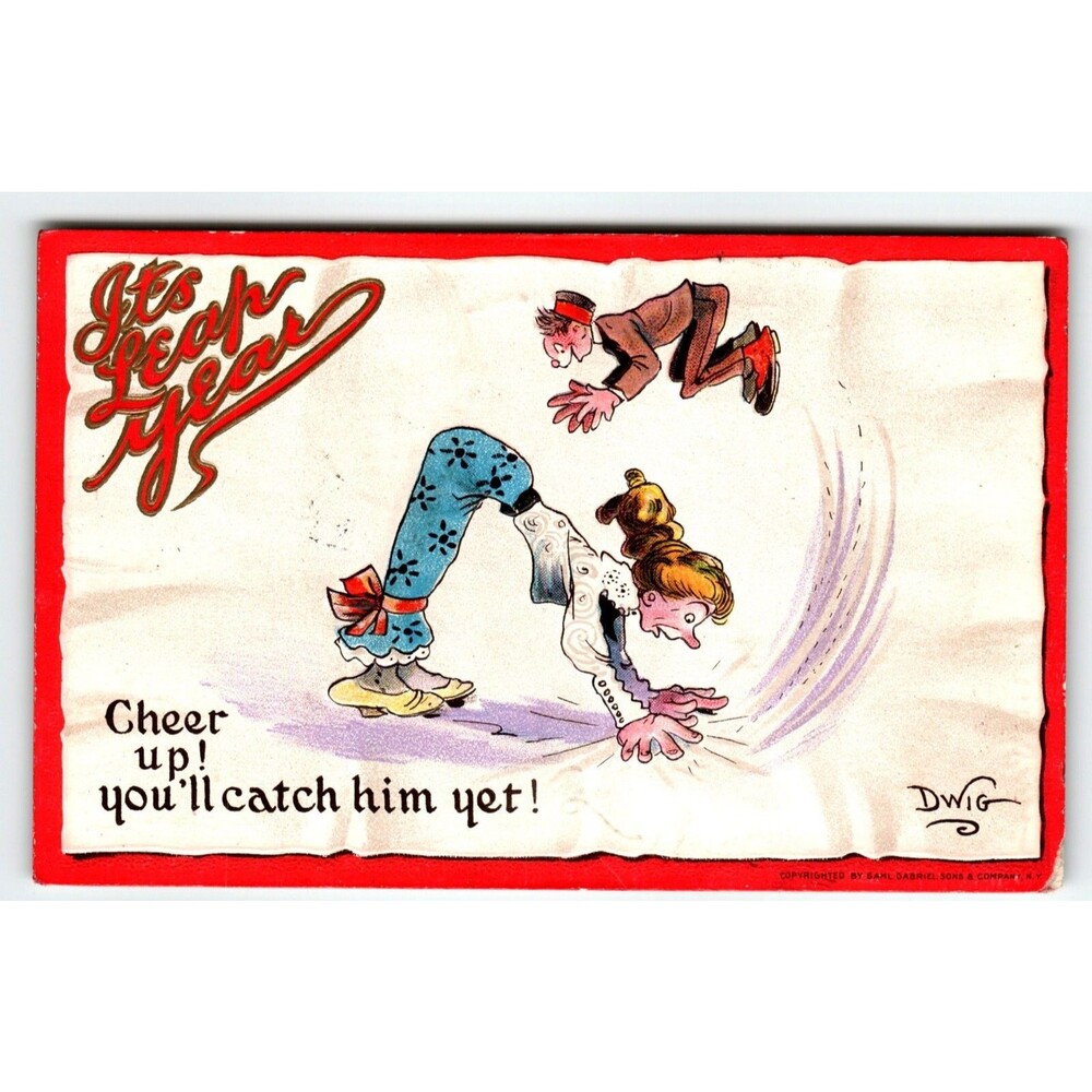 It's Leap New Year Postcard Dwig Cheer Up Embossed Humor Gabriel Series 401